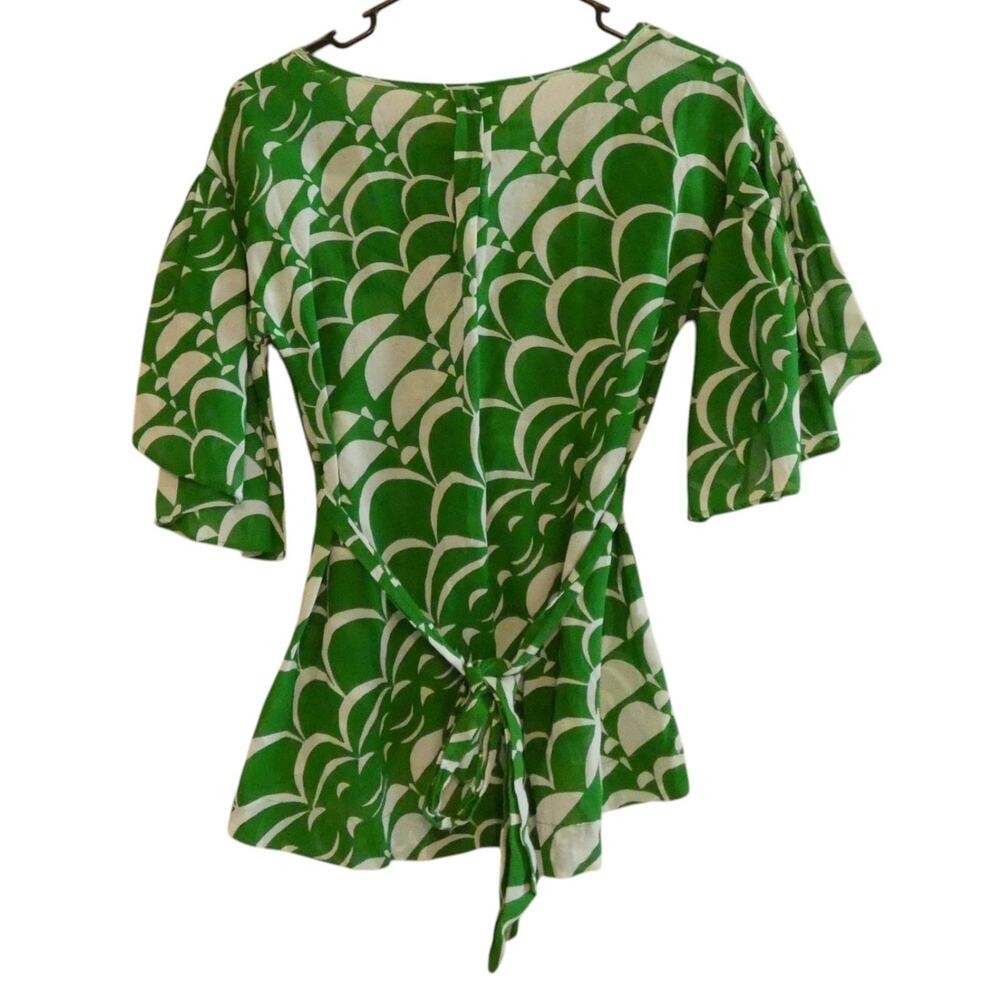Maeve by Anthropologie Blouse Top Geometric Scallop Print Kelly Green Size 0 - Picture 3 of 7